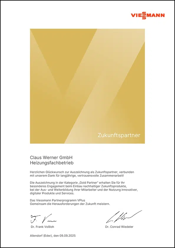 Urkunde Viessmann Zukunftspartner der Claus Werner GmbH